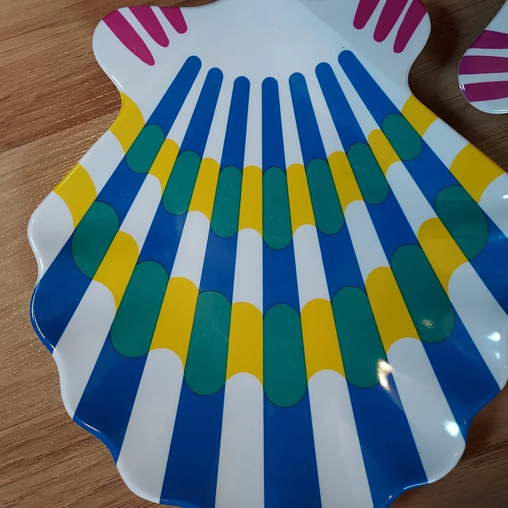 Blue Stripe Taipro Sea Shell Melamine Picnic Platters Plates Beach Set Of 4 Vtg
